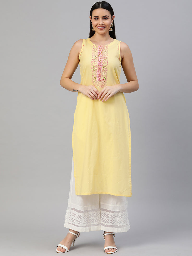 Block printed sleeveless cotton kurta.