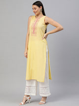 Block printed sleeveless cotton kurta.