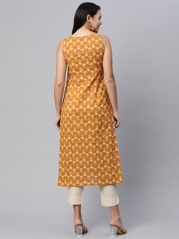 Sleeveless A Line printed cotton kurta with box pleat and loop and button detailing