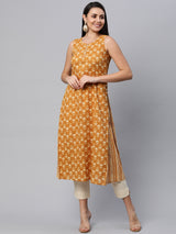 Sleeveless A Line printed cotton kurta with box pleat and loop and button detailing