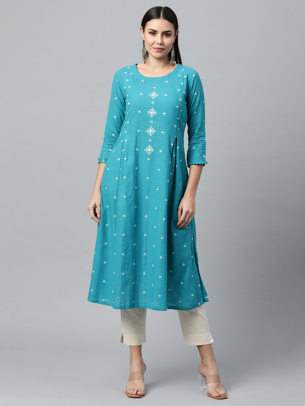 Leher - Straight cotton Woven  kurta with handwork and lace insertion