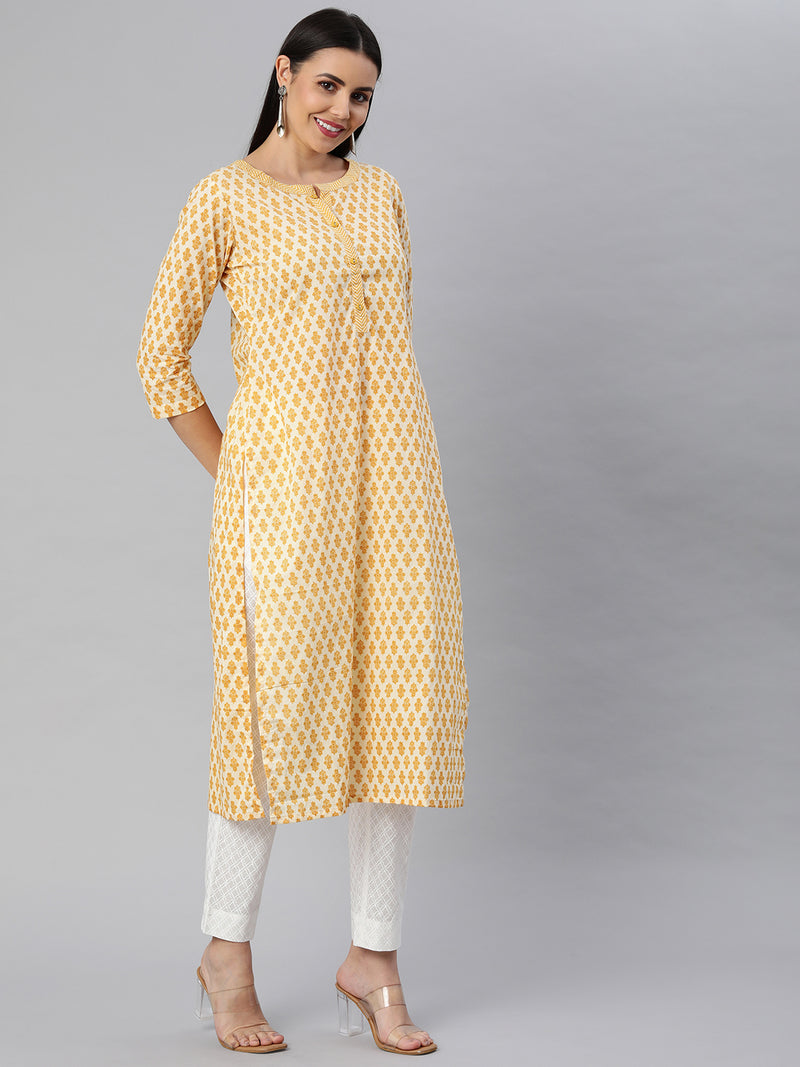 Printed Straight cotton Kurta with buttoned placket