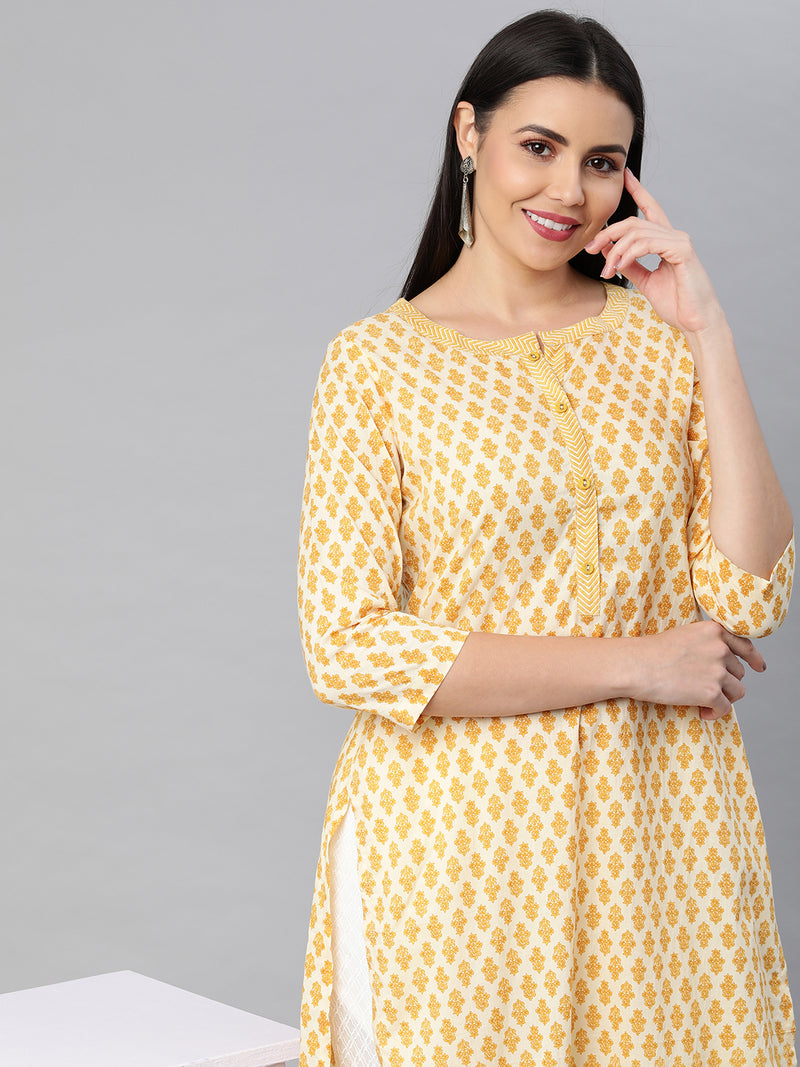 Printed Straight cotton Kurta with buttoned placket