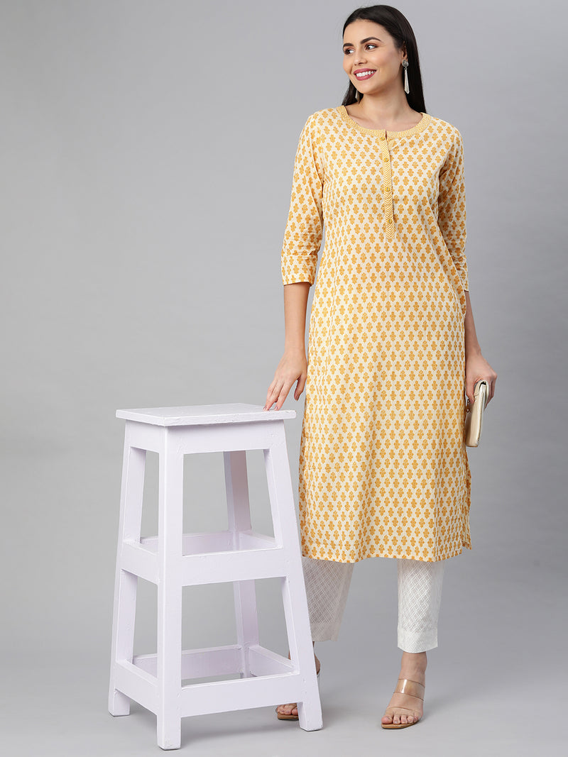 Printed Straight cotton Kurta with buttoned placket