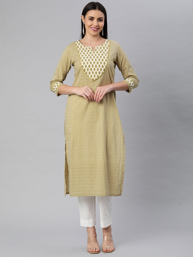 Printed Straight cotton kurta with front yoke and lace insertion