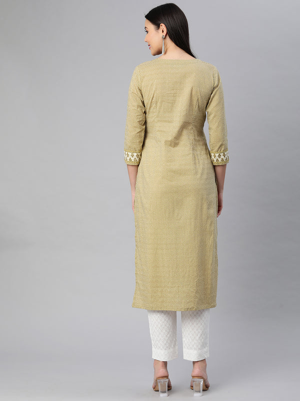 Printed Straight cotton kurta with front yoke and lace insertion