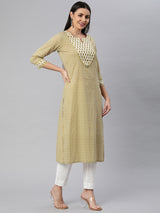 Printed Straight cotton kurta with front yoke and lace insertion