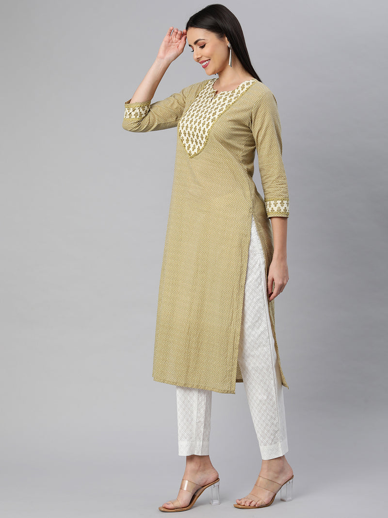 Printed Straight cotton kurta with front yoke and lace insertion