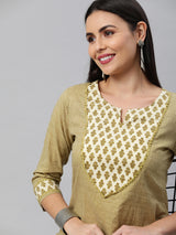 Printed Straight cotton kurta with front yoke and lace insertion