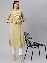 Printed Straight cotton kurta with front yoke and lace insertion