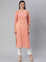 Printed Straight cotton kurta with front yoke and lace insertion