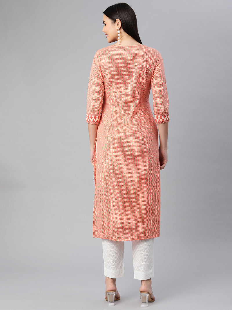 Printed Straight cotton kurta with front yoke and lace insertion