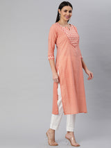 Printed Straight cotton kurta with front yoke and lace insertion