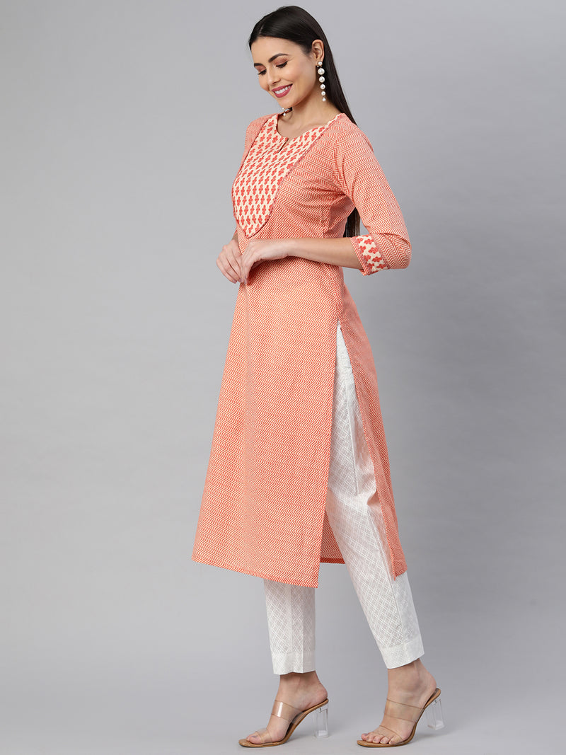 Printed Straight cotton kurta with front yoke and lace insertion