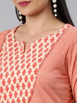 Printed Straight cotton kurta with front yoke and lace insertion