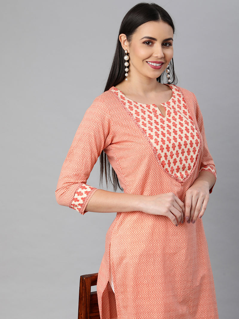 Printed Straight cotton kurta with front yoke and lace insertion