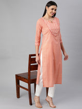 Printed Straight cotton kurta with front yoke and lace insertion