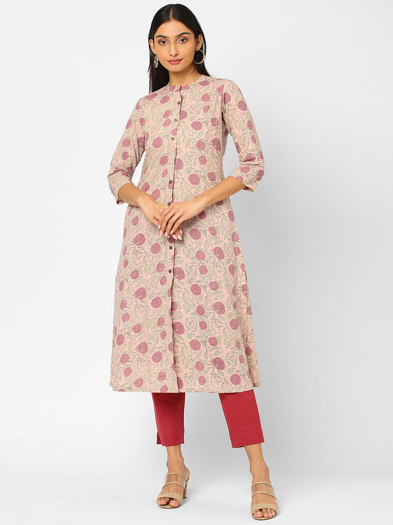 A line cotton printed kurta with placket and button