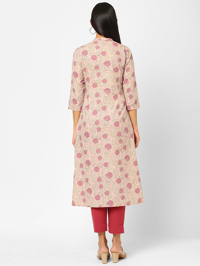 A line cotton printed kurta with placket and button