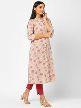 A line cotton printed kurta with placket and button