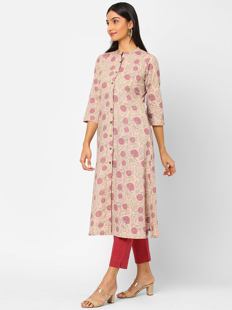 A line cotton printed kurta with placket and button