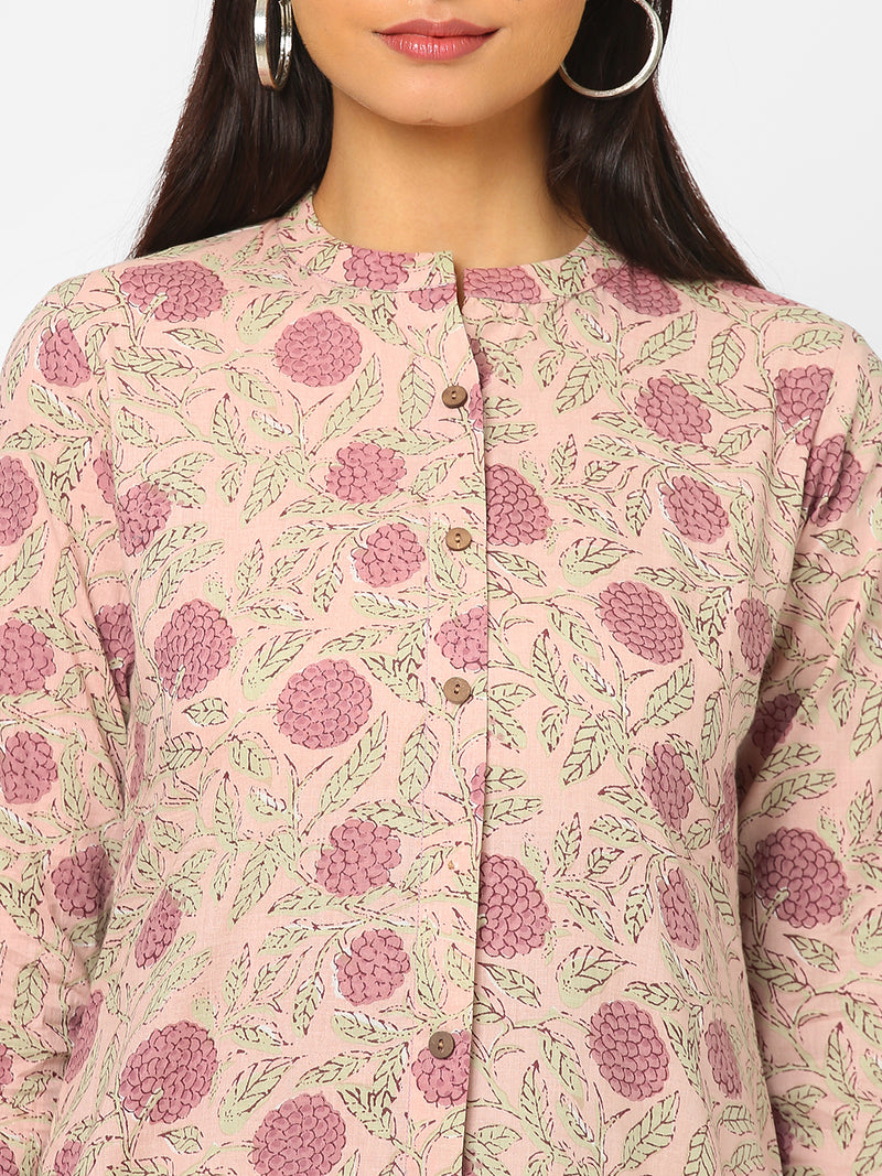 A line cotton printed kurta with placket and button