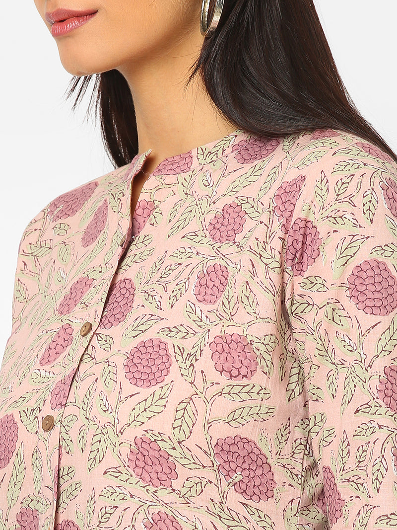 A line cotton printed kurta with placket and button