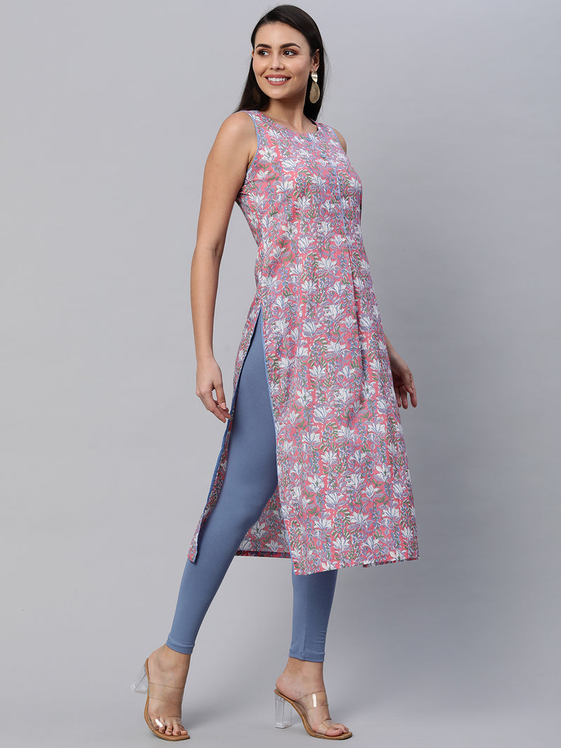 Straight fit printed Cotton sleeveless kurta