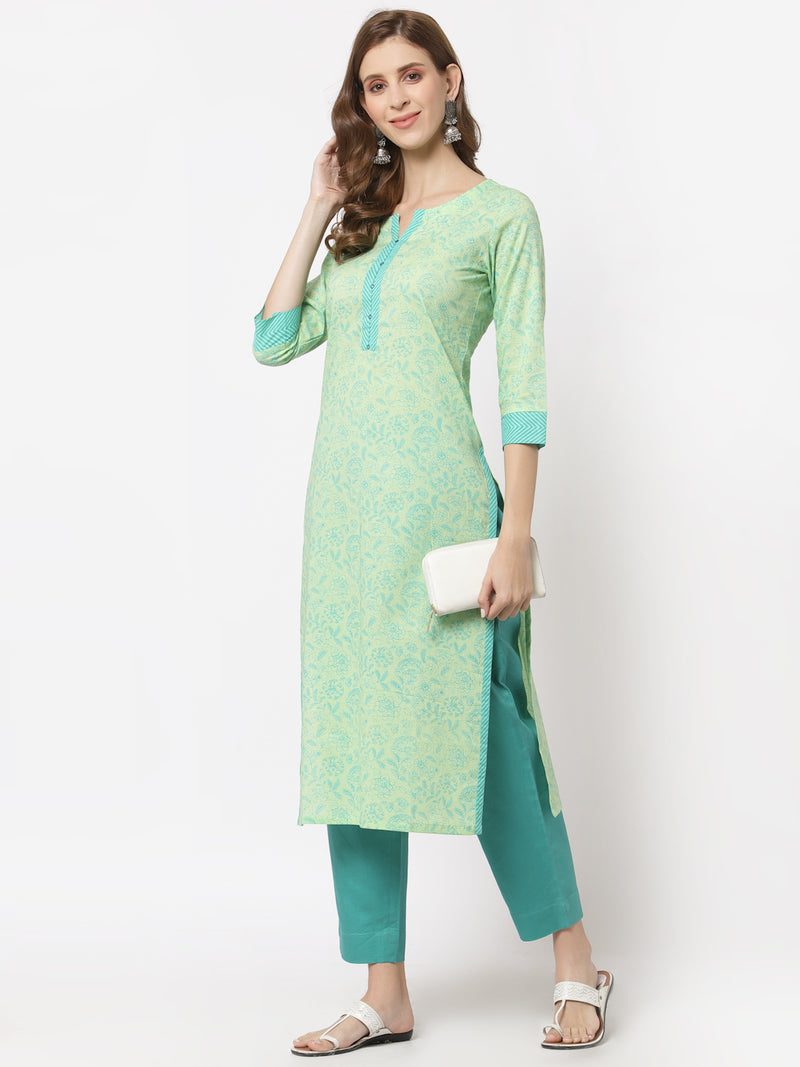 Straight fit cotton kurta with block print and mirror detail