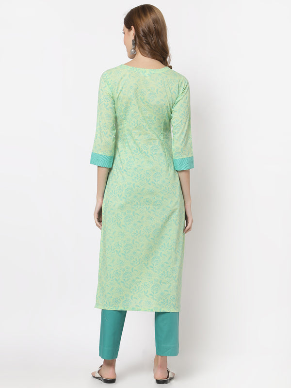 Straight fit cotton kurta with block print and mirror detail