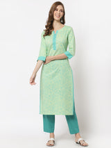 Straight fit cotton kurta with block print and mirror detail