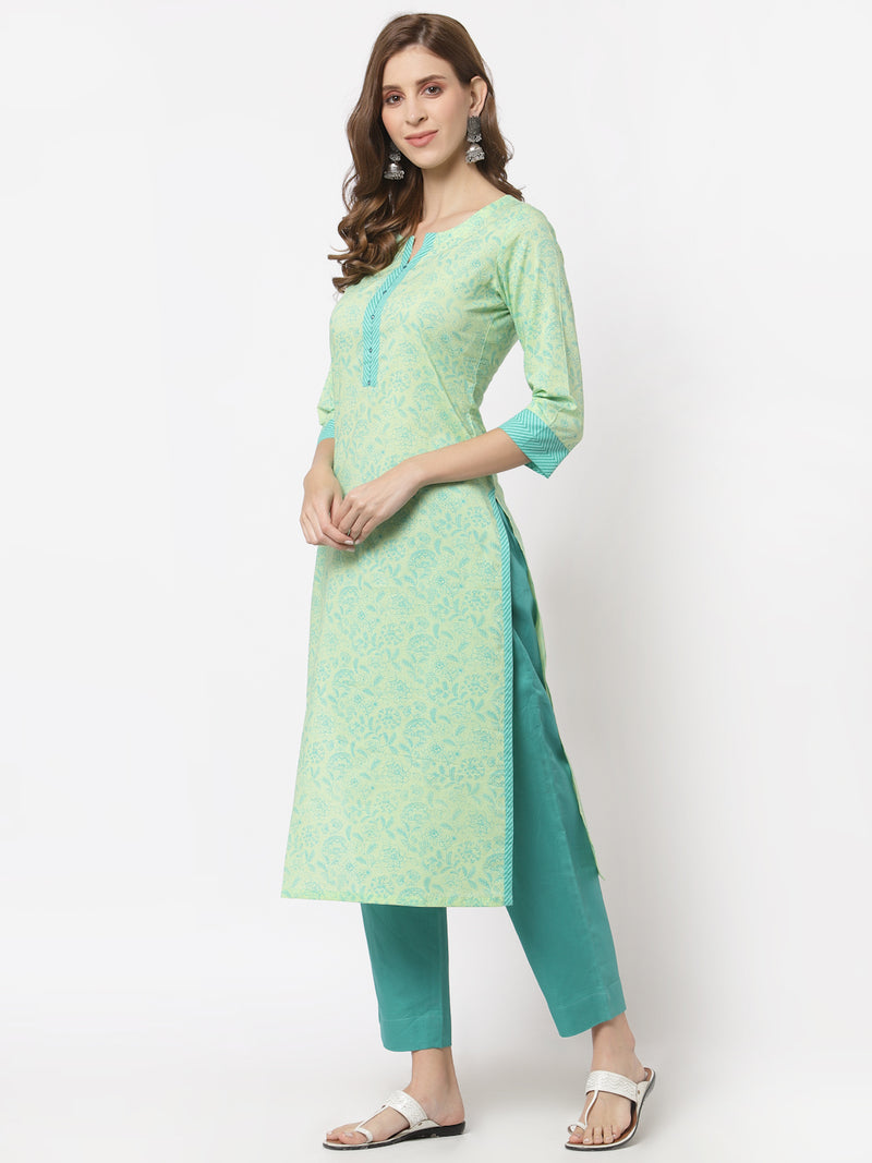 Straight fit cotton kurta with block print and mirror detail