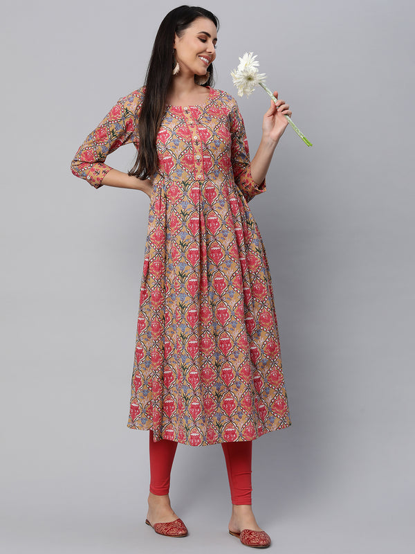 Printed Flared cotton Kurta with gathering and pleats.