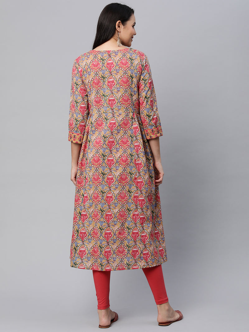 Printed Flared cotton Kurta with gathering and pleats.