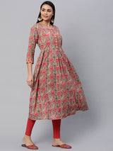 Printed Flared cotton Kurta with gathering and pleats.