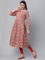 Printed Flared cotton Kurta with gathering and pleats.