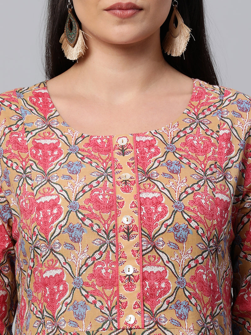 Printed Flared cotton Kurta with gathering and pleats.