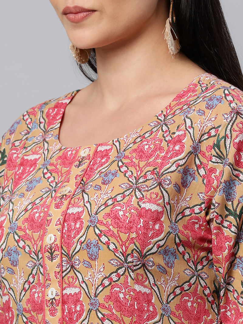 Printed Flared cotton Kurta with gathering and pleats.