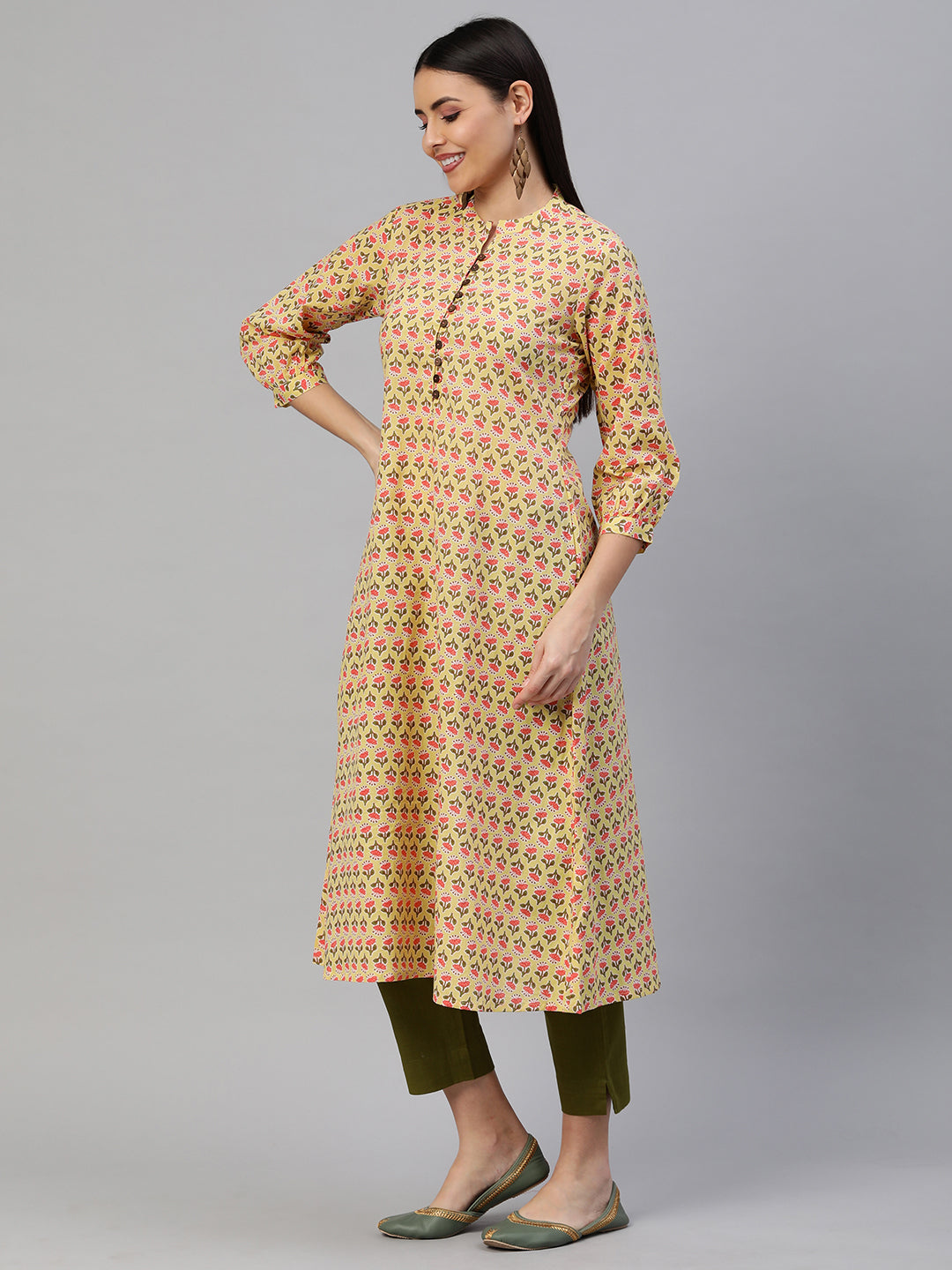 Printed Flared cotton Kurta with puff sleeves