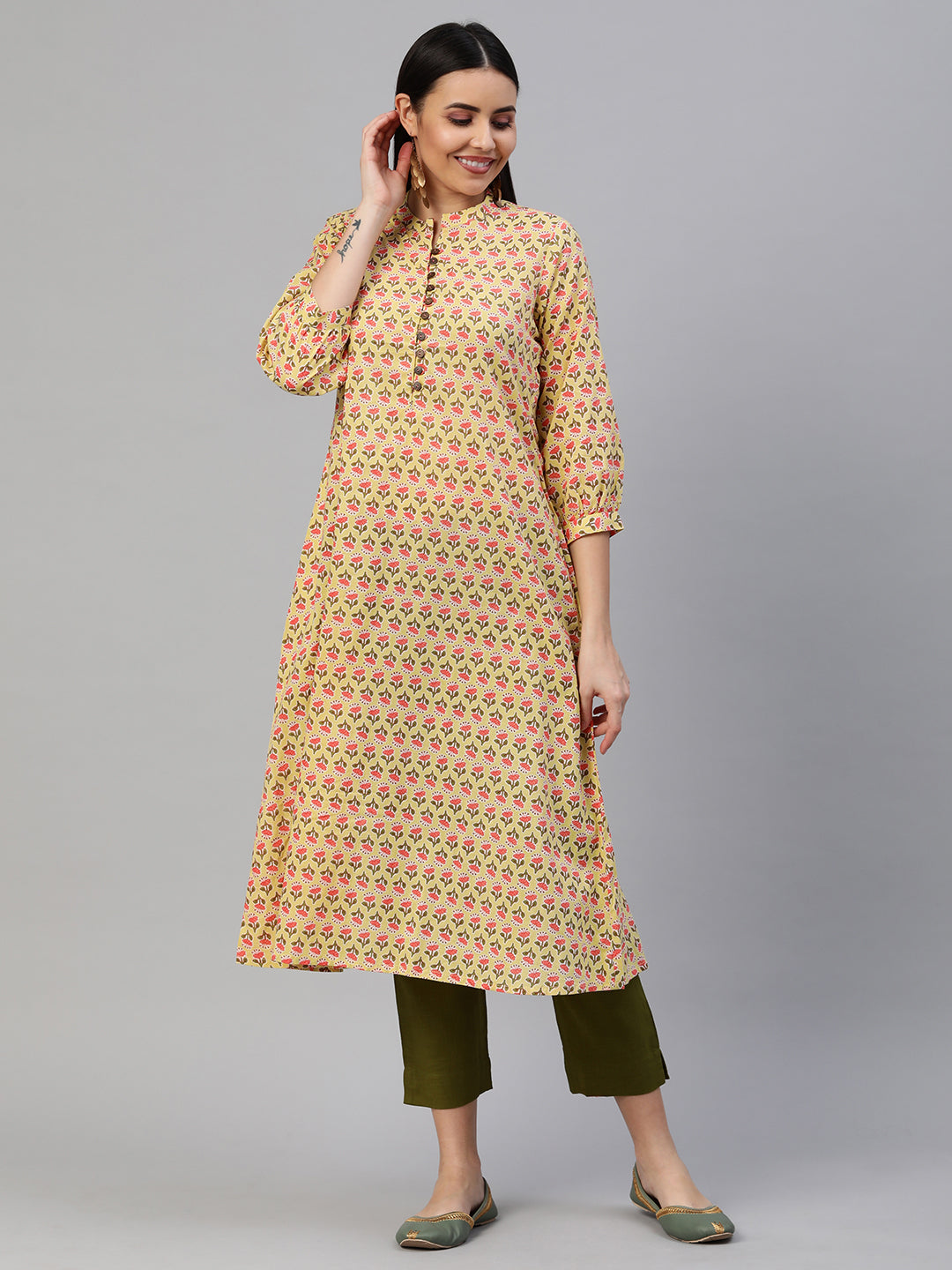 Printed Flared cotton Kurta with puff sleeves