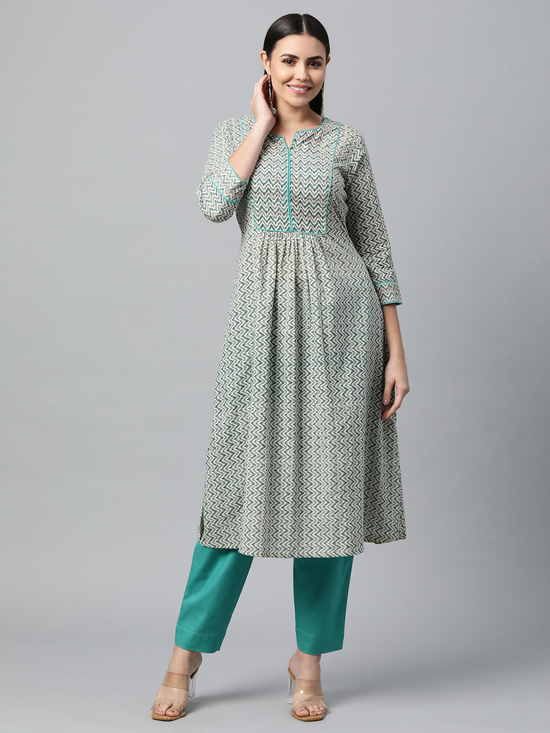 Dual print Flared cotton kurta with yoke and cuffs