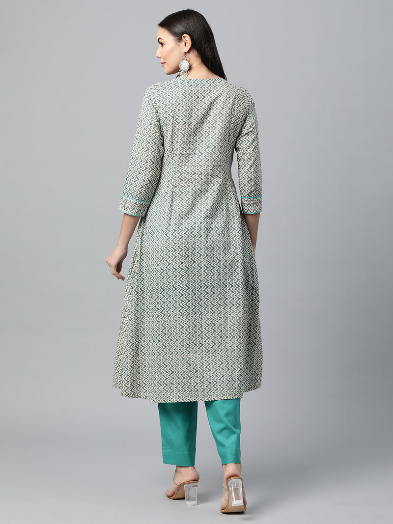 Dual print Flared cotton kurta with yoke and cuffs