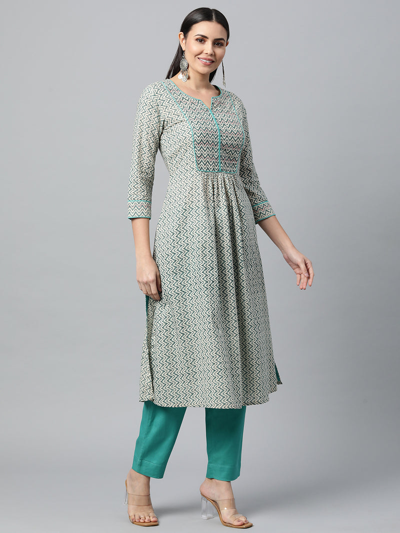 Dual print Flared cotton kurta with yoke and cuffs