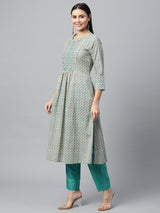 Dual print Flared cotton kurta with yoke and cuffs