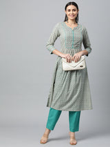 Dual print Flared cotton kurta with yoke and cuffs