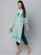 Straight fit cotton kurta with block print and handwork.