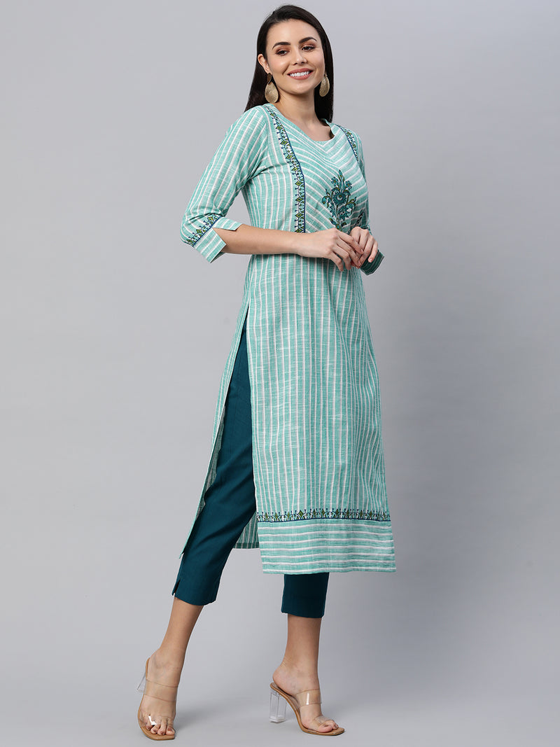 Straight fit cotton kurta with block print and handwork.