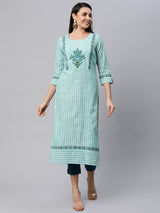 Straight fit cotton kurta with block print and handwork.