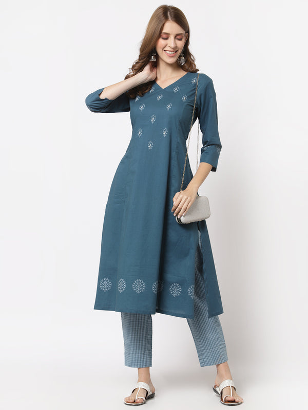 Flared cotton kurta with block print and bead work, paired with straight pants