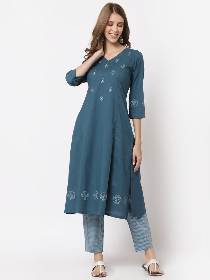 Flared cotton kurta with block print and bead work, paired with straight pants